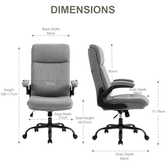 CASTLOVE Ergonomic Office Chair for Home - Computer Desk Chair with Back Support - Flip Up Armrest - High Back - Height Adjustable - Rocking Function (Fabric Grey Max 150 kg)