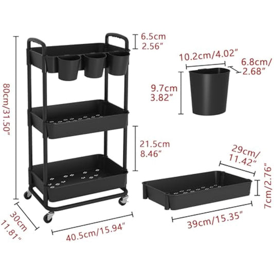 JIUYOTREE 3-Tier Plastic Rolling Storage Cart Utility Cart with Extra Hanging Cups Handles Lockable Wheels for Living Room Bathroom Kitchen Office Black