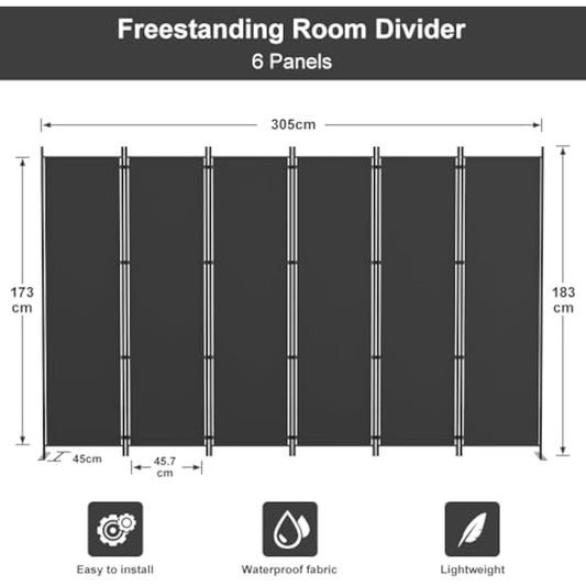 Kokorona 6 Panel Room Divider, 6FT Tall Folding Privacy Screen Wall Dividers, Portable Privacy Screen Freestanding Room Divider for Room Separation, Included-Cover Strips, Dark Grey, W 305 x H 183 cm