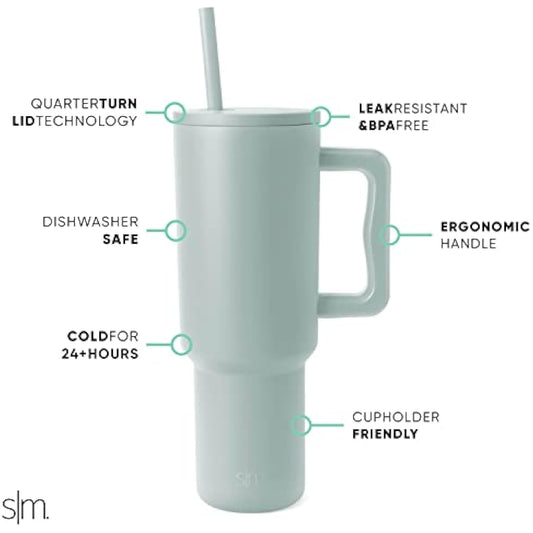 Simple Modern Tumbler 40 oz with Handle and Straw | Insulated Stainless Steel Water Bottle Iced Coffee Cup Travel Mug | Gifts for Women & Men | Trek | 1180ml | Sea Glass Sage
