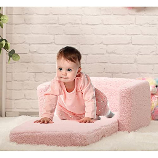 BEJOY Kids Sofa Bed 2-in-1 Flip Out Cuddly Sherpa Toddler Couch Convertible Sofa to Lounger Children Sofa Bed Children's Day and Birthday Gift for Girls Boys, Pink