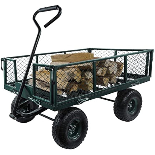MOUNTALL Utility Steel Garden Cart Trolley 350kg Heavy Duty Black Mesh Gardeners Wagon, Folding Sides, 10 inch Pneumatic Tyres, Outdoor Cart for Gardening, Festivals, Camping