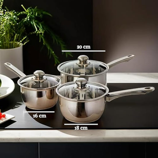 Premier Housewares Stainless Steel Saucepan Set, 3 Piece Set with Glass Lids,Silver,H14 x W40 x D26cm