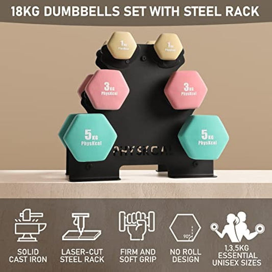 PhysKcal Dumbbells Set with Storage Rack, Hand Weights Set for Home, Gym & Studio