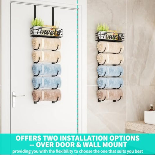 HapiRm Over Door Towel Rack - Towel Storage Rack Wall Mounted with Metal Shelf Basket, 6-Tier Over Door Towel Rail & Bathroom Storage Organiser Towel Holder for Small Bathroom, Camper, Rv
