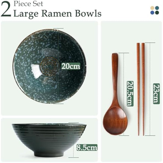 NUTRIUPS 1200ml Ceramic Ramen Bowl Set of 2 Noodle Bowls with Chopsticks and Spoons (Emerald)
