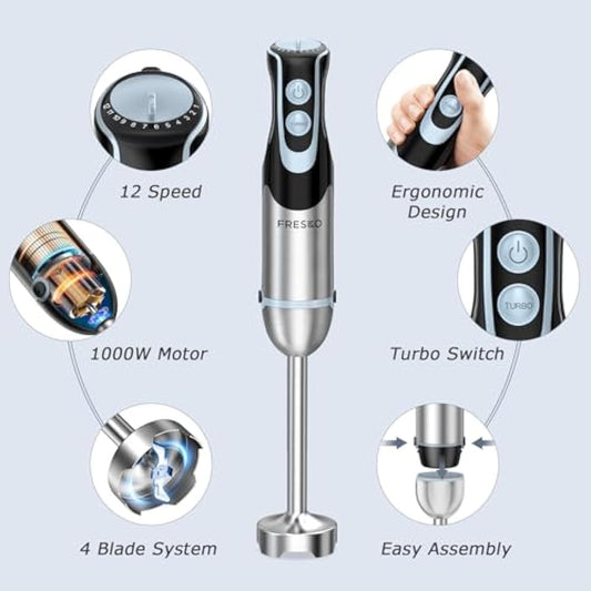 FRESKO Hand Blender 4-in-1, 1000W Electric Stick Blender Stainless Steel with 12-Speeds & Turbo Mode, Baby Food Immersion Blender Handheld with Whisk,700ml Measuring Cup & 500ml Chopper