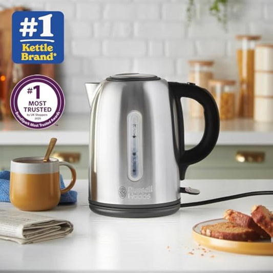 Russell Hobbs Brushed Stainless Steel & Black Electric 1.7L Cordless Kettle (Fast Boil 3KW, Removable washable anti-scale filter, Push to open lid, Perfect pour spout) 20441