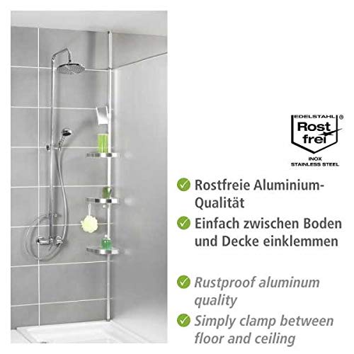 Wenko 20349100 Telescopic Shower Corner Element Premium 3 Shelves, 2 Hooks and Mirror, Metal Aluminium, 27.5 x 70260 x 20 cm, Satinised
