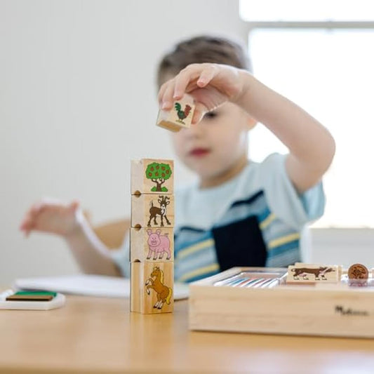 Melissa & Doug Stamp-a-Scene Farm, 20 Wooden Stamps with 2-Color Ink Pad & 5 Colored Pencils, Creative Arts & Crafts Toy for Kids Age 4+