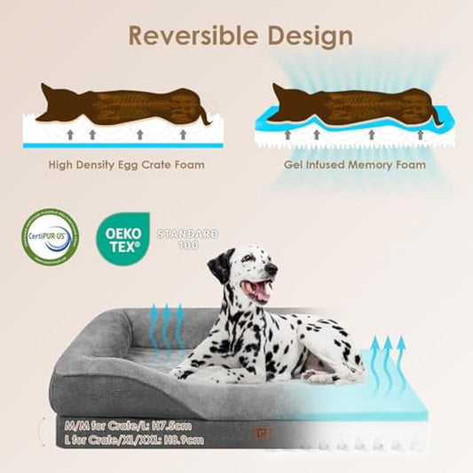EHEYCIGA Memory Foam Dog Beds Large, Orthopedic Dog Beds Sofa with Sides and Waterproof Liner, Pet Couch with Washable Removable Cover and Non-Slip Bottom, 91x68x17cm, Dark Grey