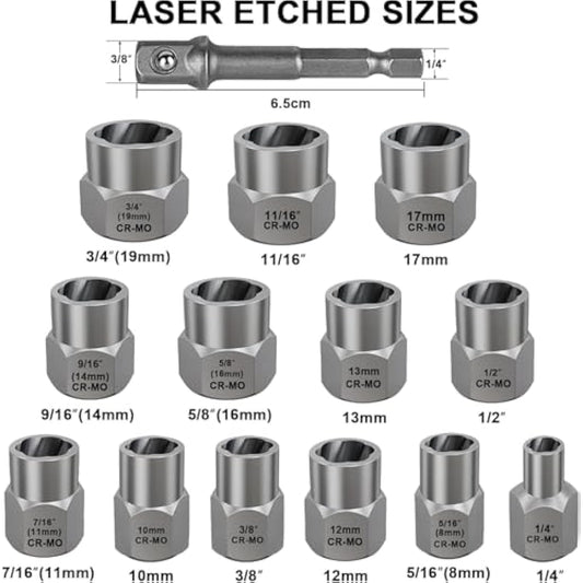 13+1 Piece Impact Bolt & Nut Remover Set - 3/8" Drive with Nut Extractor Socket, Hex Adapter, and Bolt Remover Tool for Damaged, Rusted, or Rounded-Off Bolts, Nuts, and Screws