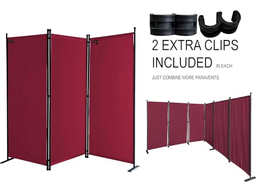 QUICK STAR Paravent 170 x 165 cm Fabric Room Devider Garden 3-Part Patrition Wall Foldable Balcony Privacy Screen Ruby Red