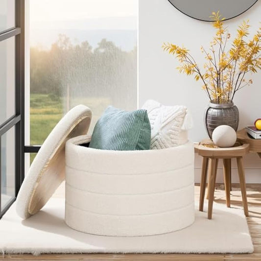 Bonlife Large Round Ottoman with Storage,Folding Boucle Stool,Ottoman Coffee Table,Chest Toy Box,Footstool for Living Room,Bedroom,White,56x56x40cm