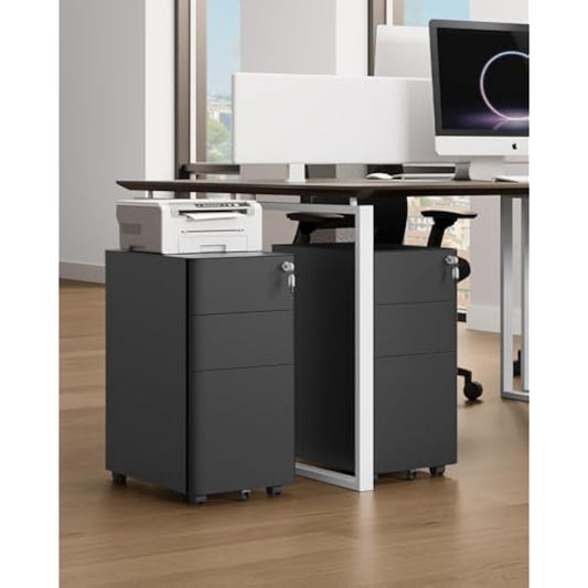 YITAHOME Metal File Cabinet with 3 Lockable Drawers, Mobile Filing Cabinet for Home Office, Under Desk File Office Drawers for Letter/Legal/A4, Fully Assembled, Black, 30 x 46 x 59cm