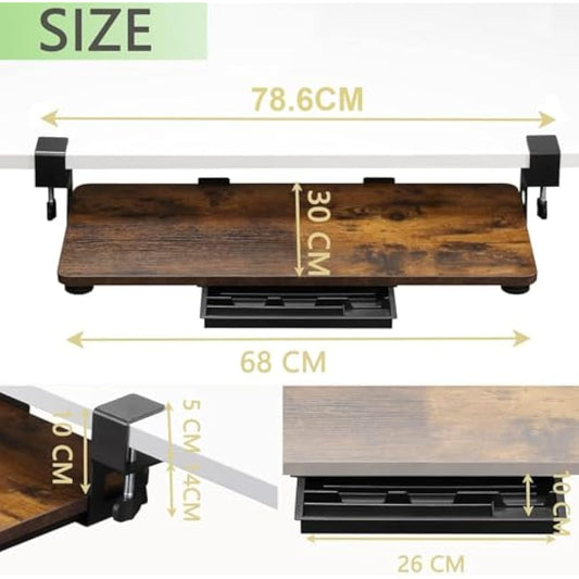 ETHU Under Desk Keyboard Tray, 68x30cm Ergonomic Pull-out Tray with C-Clamp Large Size Keyboard Tray Mount Easy to Install, Computer Keyboard Stand for Home and Office(Walnut)