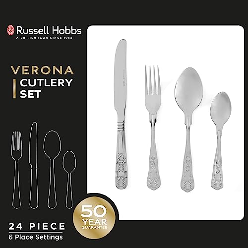 Russell Hobbs RH02850EU7 Verona Cutlery Set 24 Piece, 18/10 Stainless Steel, 6 Place Settings, Includes, Forks, Knives, Tablespoons, Teaspoons,