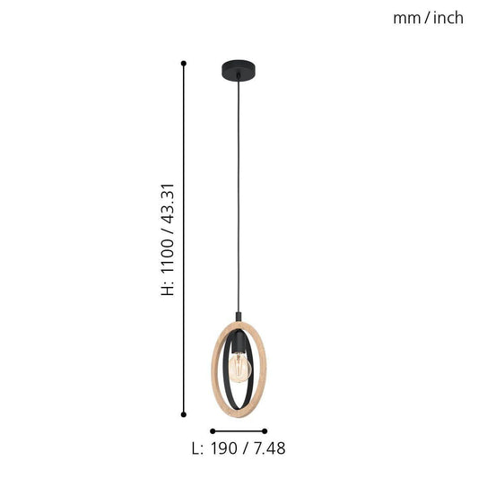 Eglo Pendant lamp Basildon, 1-Light Hanging lamp Vintage, Industrial, Retro, Pendant lamp Made of Steel and Wood in Black, Natural, Dining Table lamp,
