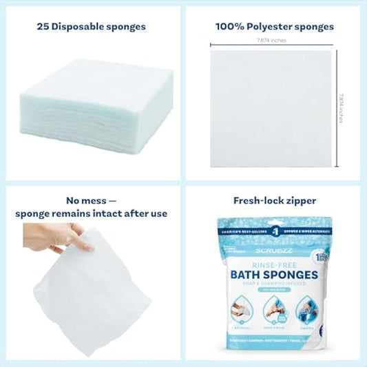 Scrubzz Disposable Bed Bath Wipes 25 Pack for Elderly Travel Camping Single Use Shampoo Shower Rinse Free