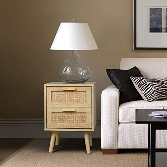 Finnhomy Bedside Tables Set of 2, Side Table with 2 Hand Made Rattan Decorated Drawers, Night Stand Set 2, Wood Nigntstand, End Table with Storage for Bedroom, Natural, 2 Pack