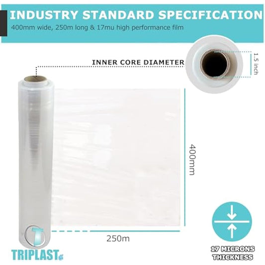 Triplast Pallet Stretch Shrink Wrap Roll (400mm x 250m) - Pick Qty & Colour - Heavy Duty Pallet Wrap, Industrial Stretch Wrap, Packaging Cling Film, Strong Plastic Wrap, Luggage Wrap (Clear, 2 Rolls)