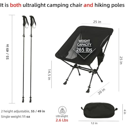 ROCK CLOUD Portable Camping Chair Ultralight Folding Chairs and Trekking Pole 2 in 1 for Outdoor Camp Hiking Backpacking Lawn Beach Sports