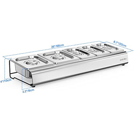 Onlyfire Pizza Topping Station Stainless Steel Seasoning Containers with Lid, 5 Compartment Trays for Preparing Ingredients and Toppings