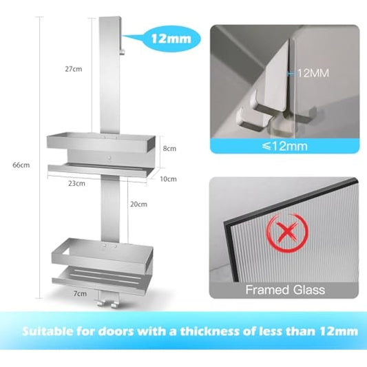 UUlioyer Hanging Shower Caddy, SUS304 Stainless Steel Over Door Shower Shelf, Bathroom Storage No Drilling (Style A - Silver)