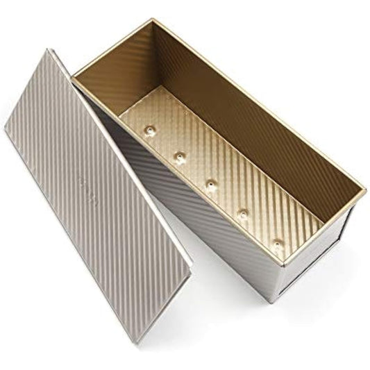 Monfish Pullman loaf pan Bread loaf tin w slidable lid allumiumed Steel 1000g Dough champgne Gold Non-Stick 34 x13.5X 12cm