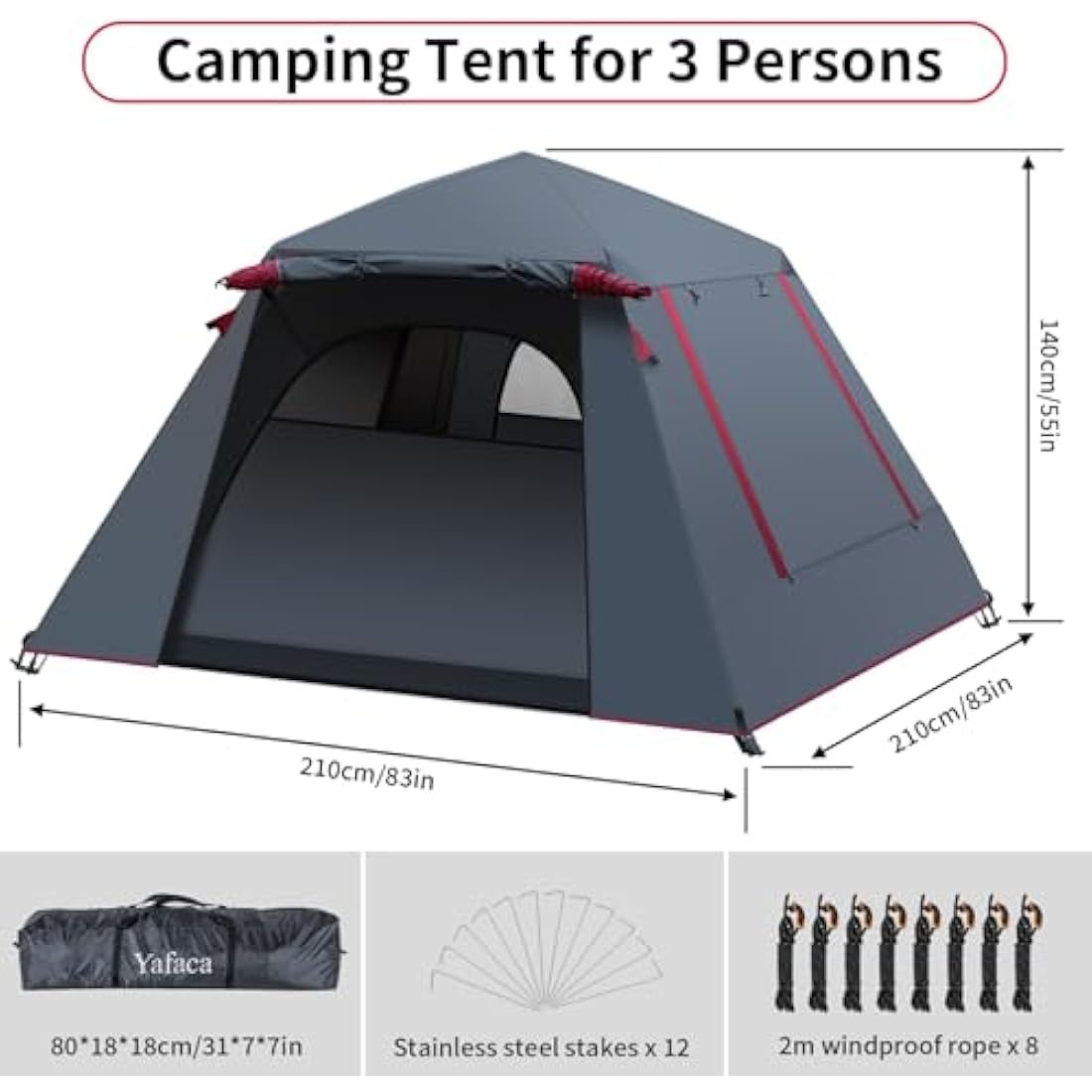 Yafaca Camping Tent, 3 Man Pop Up Tent Extra Large Waterproof Automatic Dome Tent with 2 Rainproof Windows, 2 Layers Family Festival Tent with Removable Outer Layer, Tent for Camping Picnic Garden