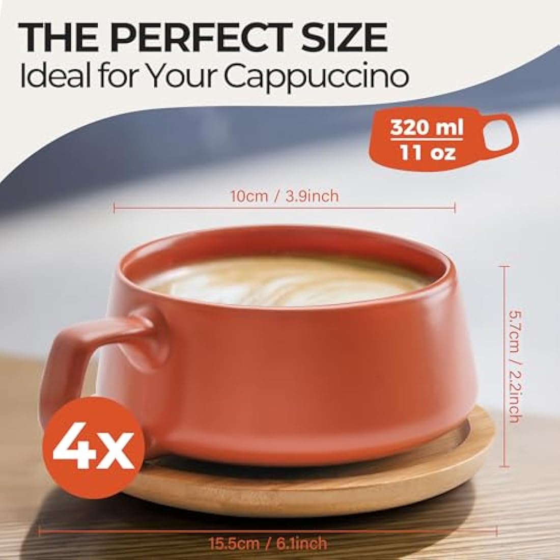 MIAMIO β 320 ml, Set of 4 Ceramic Tea Cup and Saucer Bamboo/Tea Mug - Wide Cappuccino Cup, Coffee Cups Ceramic Mug for Cappuccino, Latte, Espresso & Americano - Luxe Collection (Beige Pastel)