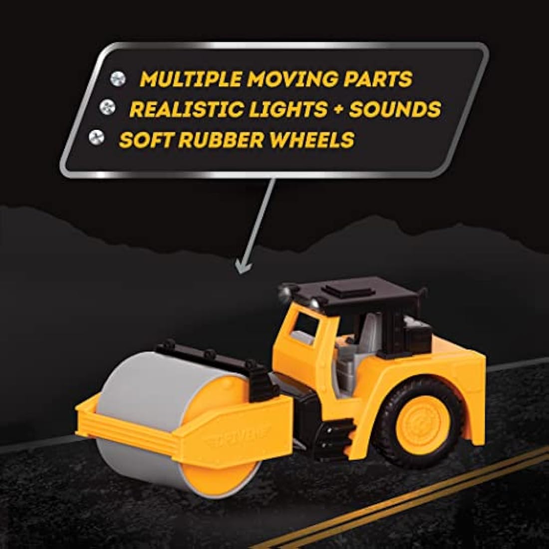 DRIVEN - Micro Steam Roller - Toy Truck with Heavy-Duty Roller, Light, and Sound - Yellow Trucks and Construction Toys for Kids Aged 3 +, Nylon/a