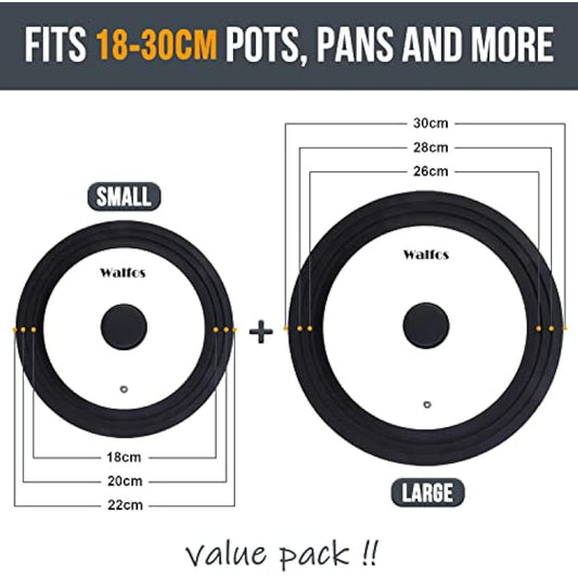 Universal Lid for Pots, Pans and Skillets - Tempered Glass with Heat Resistant Silicone Rim and Fits 18/20/22cm and 26/28/30cm Diameter Cookware