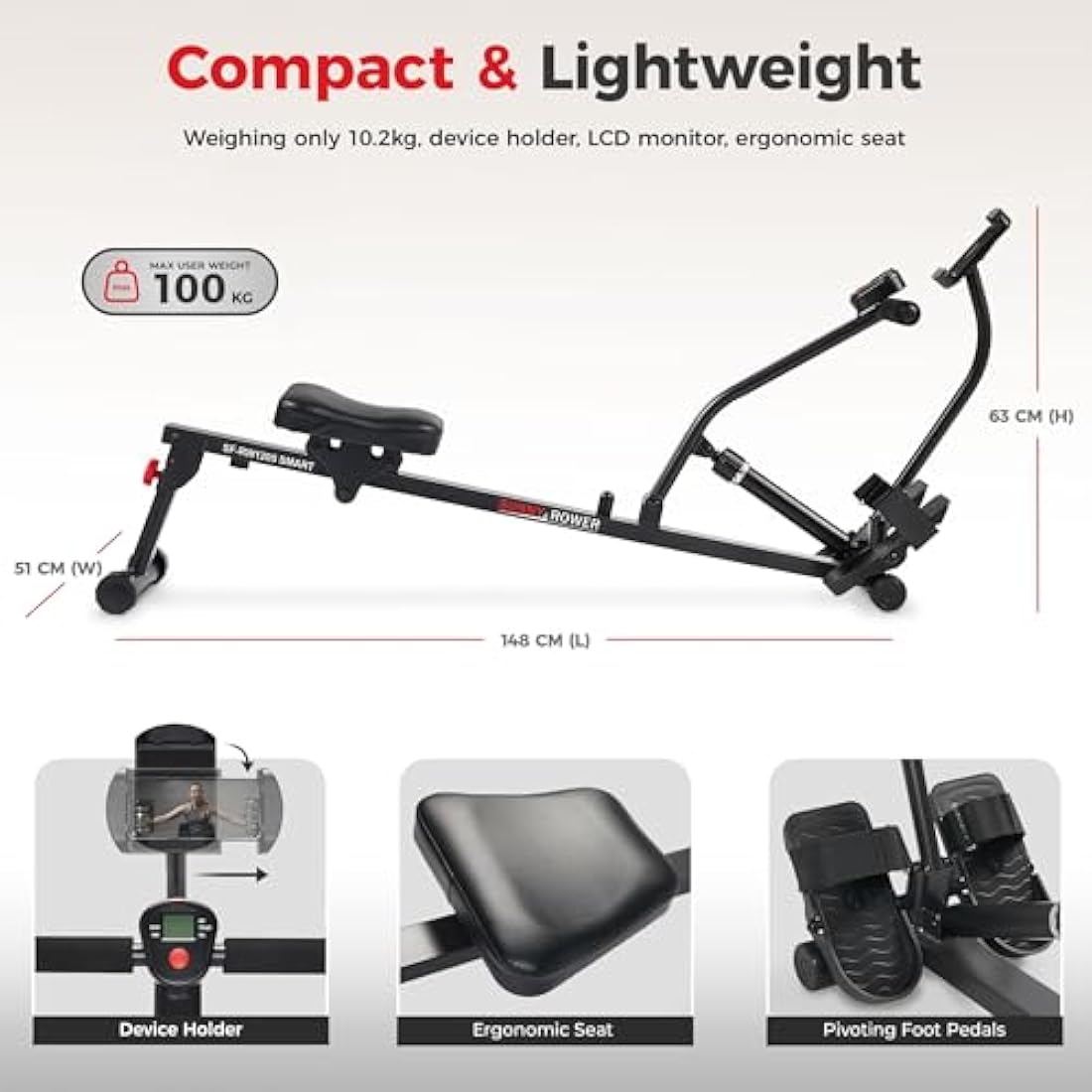 Sunny Health & Fitness Compact Adjustable Rowing Machine, Cardio Exercise Equipment with 12 Levels of Resistance for Complete Body Workouts and Optional Free SunnyFit App Enhanced Connectivity
