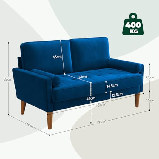 Vesgantti Small 2 Seater Sofa Blue, Comfy Sofa Couch with Spring Cushion, Velvet Sofa with Wood Legs, Modern Love Seat Sofa, Sofa 2 Seater for Living Room, Small Sofa for Bedroom, Blue Office Sofa