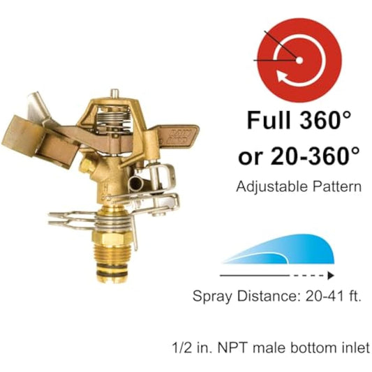 Rain Bird 25PJDAC Brass Impact Sprinkler, Adjustable 20° - 360° Pattern, 20' - 41' Spray Distance