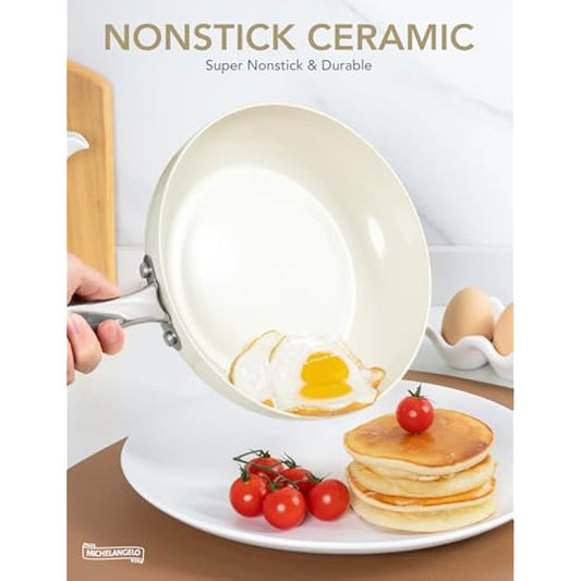 MICHELANGELO 20cm Ceramic Frying Pan, Non Stick Ceramic-Coated, Small Pan with Lid, Non Toxic, Oven Safe,Induction Compatible, Cream White