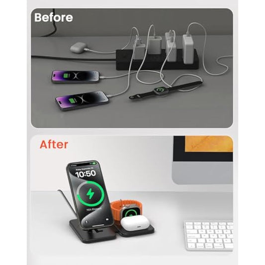 GEEKERA Charger for MagSafe, 3 in 1 Wireless Charging Station for iPhone 16/15/14/13/12/Pro Max, Magnetic Charger Stand for Apple Watch Ultra-2, Multi Travel Charging Dock for AirPods Pro 2-2-Black