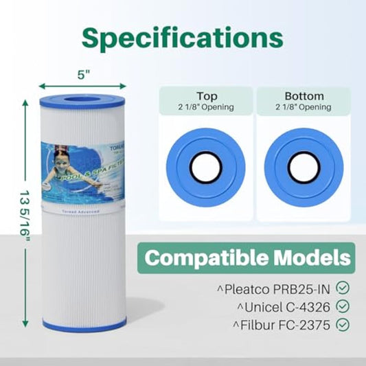 TOREAD Spa Filter for Hot Tubs Replacement for Pleatco PRB25-IN Unicel C-4326 FC-2375, 25 sq ft, Pentair R173434, Waterway 817-5000, Dynamic RDC-25, 5 x 13 Spa Filter, 2 Cartridge