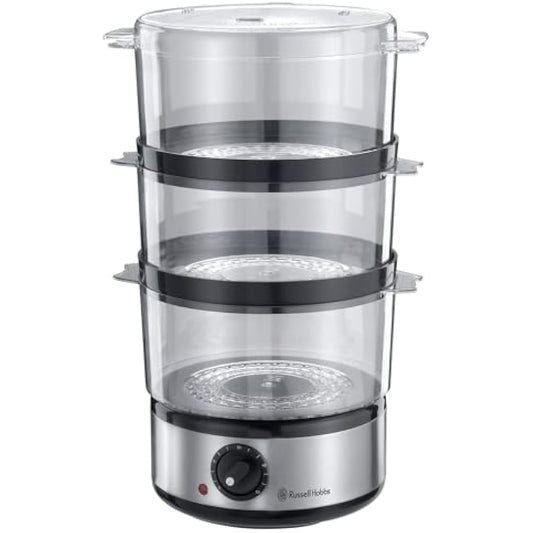 Russell Hobbs 3 Tier Electric Food Steamer, 7L, Stackable baskets for easy storage, Dishwasher safe BPA free baskets, Rice bowl inc, 60 min timer, Healthy eating, Energy saving, 400W, 14453