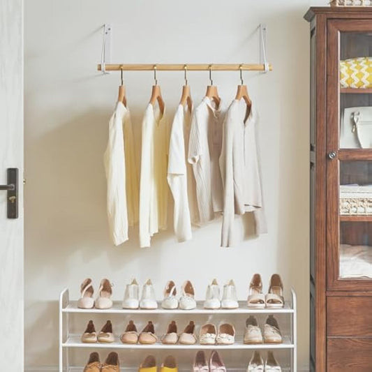 IBUYKE Wall Wardrobe Coat Rack,Wood Wall Mounted Clothes Rail,Hallway Furniture in Industrial Style, Modern Wardrobe Rail,Coat Rack for Entrance, Wall, Door, Bathroom, Bedroom,White TYJ005W-2