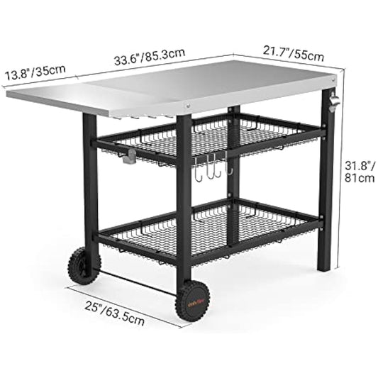 Onlyfire Heavy Duty BBQ Trolley Food Prep Table, Stainless Steel Flattop Worktable with Side table, Two-layer Steel Basket and Utensil Holder