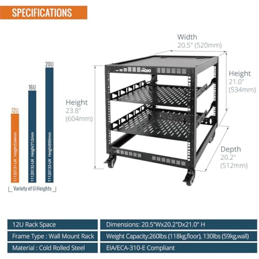 Tecmojo 12U Open Frame Network Rack, 19" Compatible, Floor Standing and Wall Mountable, with 2x 1U Server Shelf & Mounting Hardware, AV & IT Equipment Rack for for Office/Home