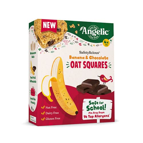 Angelic Free From 24 Bars Banana & Chocolate Oat Squares. Vegan Allergen Free Kids Snack Oat Bars For Snacks & Lunch Box. Nut, Gluten, Egg & Dairy