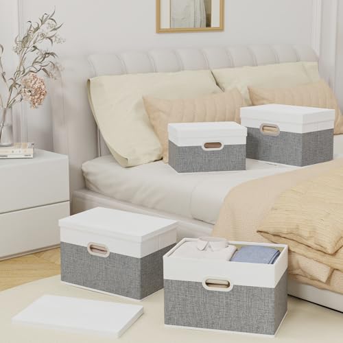 Yawinhe Large Storage Box with Lid 3 Pack, Collapsible Cubes Baskets, for Cupboards, Wardrobe, Shelves, 44x30x30cm, White/Grey, SNK023WGX-3