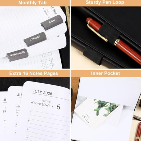 Acadmeic Diary 2025-2026 - A5 Diary 2025-2026 Day Per Page, July 2025 to June 2026, Productivity A5 Daily Planner, with Monthly Tabs, Inner Pocket, Black, Banded, 14.5 X 21 cm