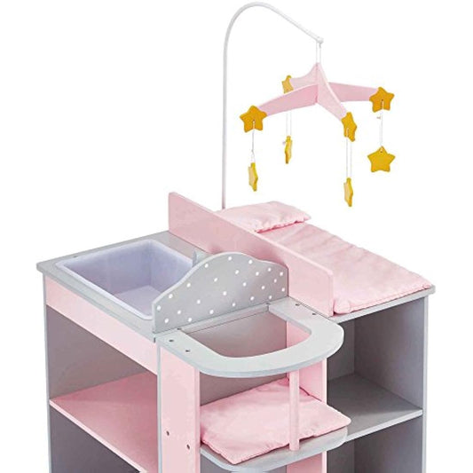 Olivia's Little World 6-in-1 Wooden Baby Doll Changing Station with Crib, Changing Table, High Chair, Double-Door Closet, Sink and Washing Machine, Multicoloured