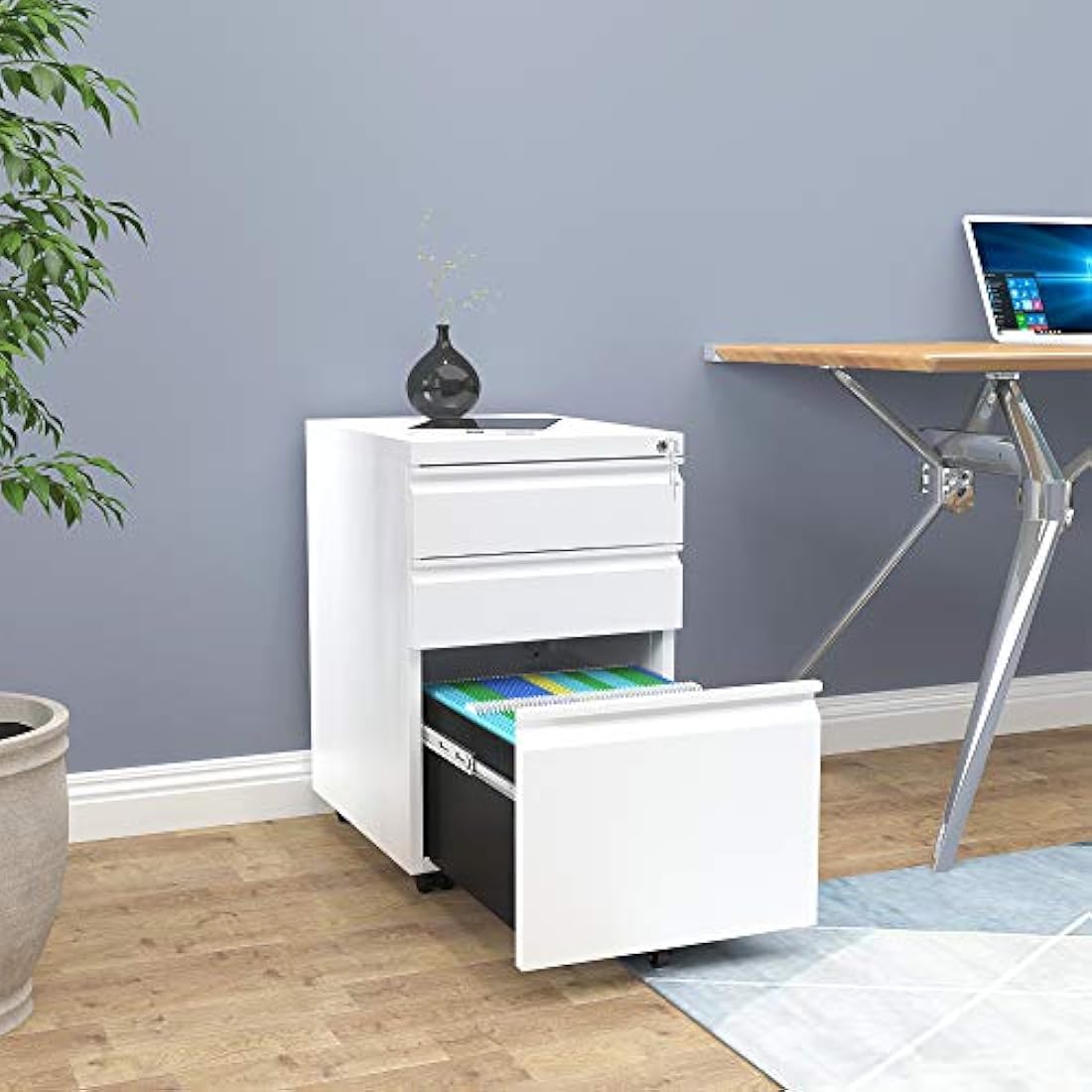 YITAHOME 3-Drawers Lockable File Cabinet for Letter/legal/A4 Size, Home Office Mobile Filing Cabinet with Wheel, Anti-tipping Under Desk File Storage Cabinets, Fully Assembled, White, 46 x 39 x 62cm