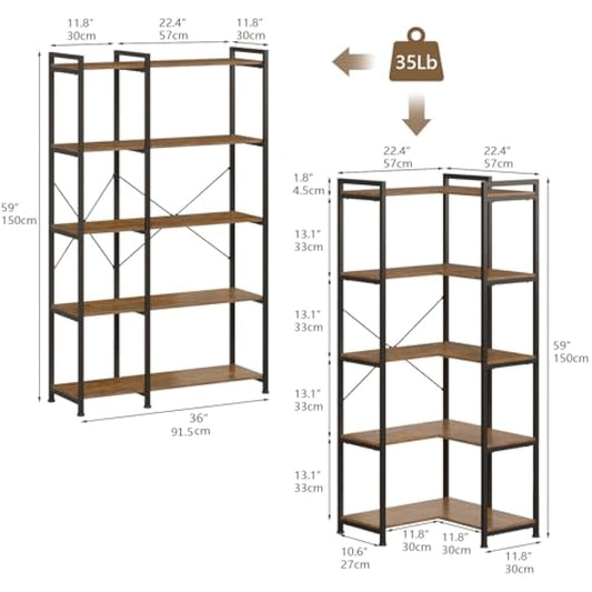 VEDECASA 5 Tiers Corner Bookshelf 5 Tiers Deformable Corner Bookcases Industrial Freestanding Bookshelf Storage Display Rack with Metal Frame for Living Room Home Bedroom Home Office Study Room