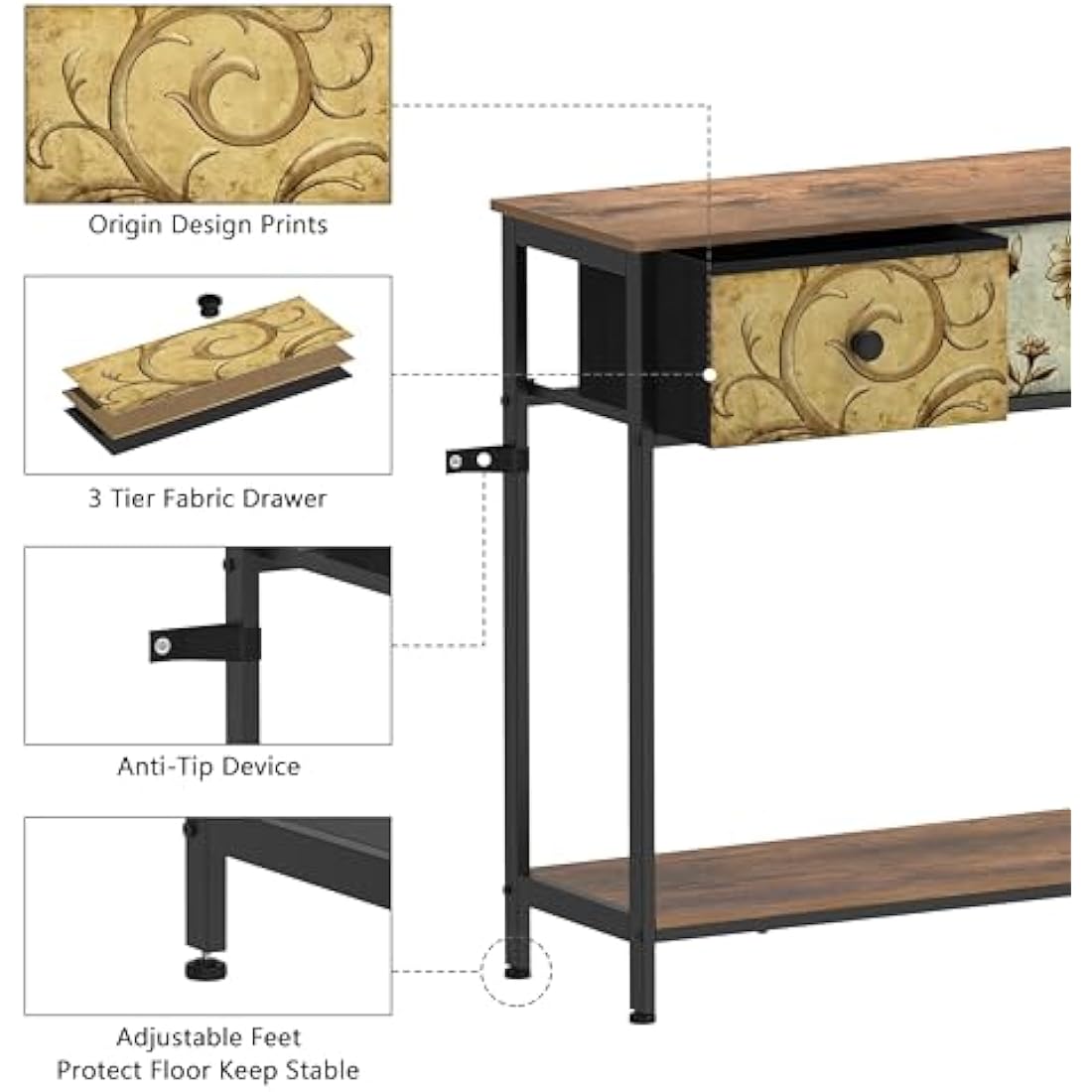 VEDECASA Console Table for Hallway Slim Console Table with 3 Drawers for Entryway with Storage Shelves for Small Spaces Living Room Metal Frame Wooden Top Easy Assembly Rustic Brown